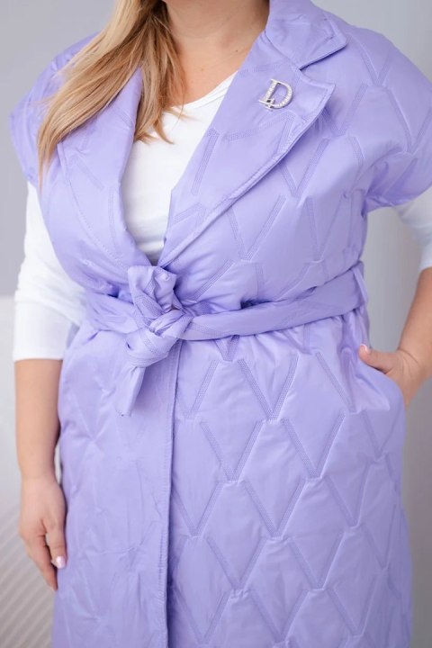 Kamizelka damska Plus Size pikowana z paskiem i kołnierzem jasno fioletowa