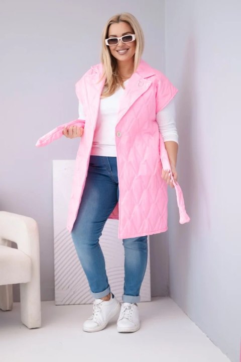 Kamizelka damska Plus Size pikowana z paskiem i kołnierzem jasno różowa