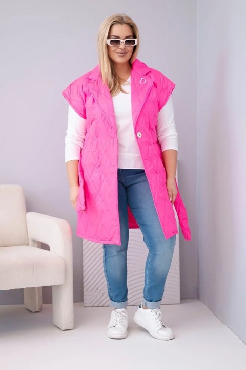 Kamizelka damska Plus Size pikowana z paskiem i kołnierzem różowy neon