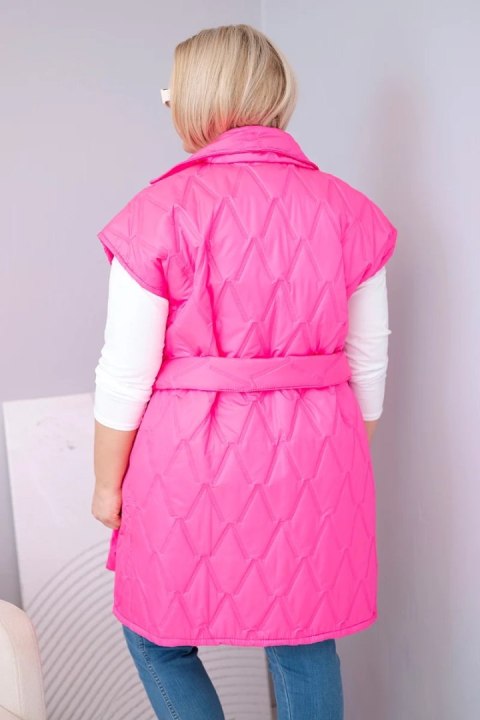 Kamizelka damska Plus Size pikowana z paskiem i kołnierzem różowy neon