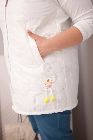 Kamizelka damska Plus Size z kapturem i pikowaniem w kwiaty biała