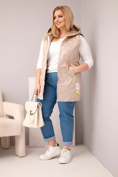 Kamizelka damska Plus Size z kapturem i pikowaniem w kwiaty ciemno beżowa