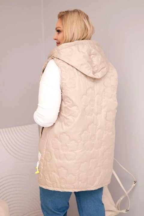 Kamizelka damska Plus Size z kapturem i pikowaniem w kwiaty ciemno beżowa