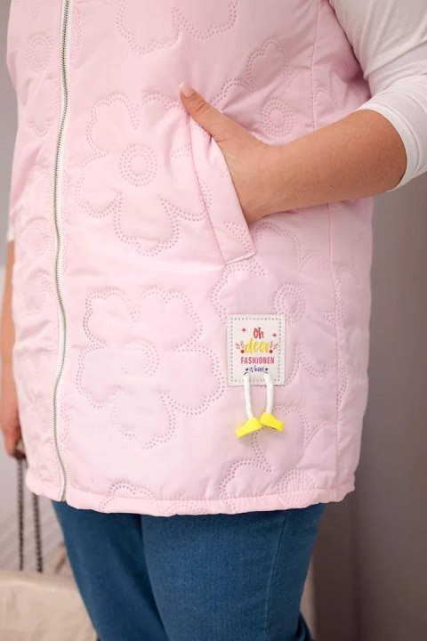 Kamizelka damska Plus Size z kapturem i pikowaniem w kwiaty cukierkowy róż