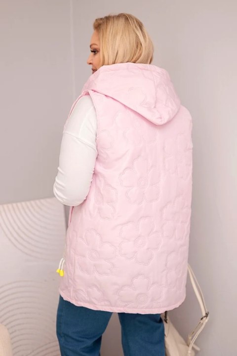 Kamizelka damska Plus Size z kapturem i pikowaniem w kwiaty cukierkowy róż