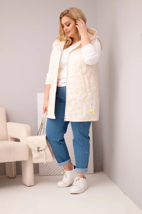 Kamizelka damska Plus Size z kapturem i pikowaniem w kwiaty jasno beżowa