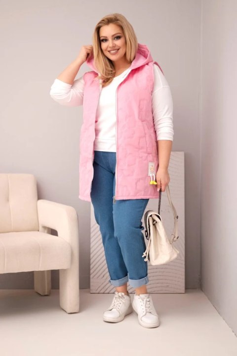 Kamizelka damska Plus Size z kapturem i pikowaniem w kwiaty jasno różowa