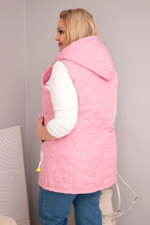 Kamizelka damska Plus Size z kapturem i pikowaniem w kwiaty jasno różowa