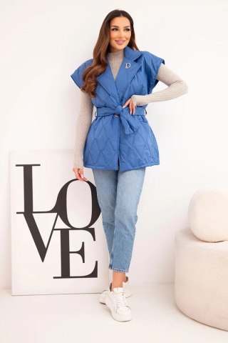 Kamizelka damska pikowana z paskiem i szerokim kołnierzem chabrowa