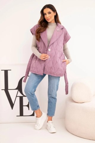 Kamizelka damska pikowana z paskiem i szerokim kołnierzem ciemno różowa