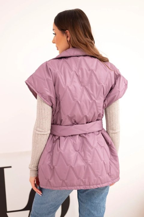 Kamizelka damska pikowana z paskiem i szerokim kołnierzem ciemno różowa