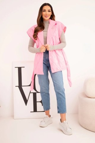 Kamizelka damska pikowana z paskiem i szerokim kołnierzem jasno różowa