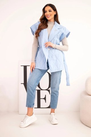 Kamizelka damska pikowana z paskiem i szerokim kołnierzem niebieska