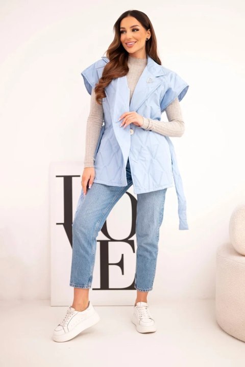 Kamizelka damska pikowana z paskiem i szerokim kołnierzem niebieska