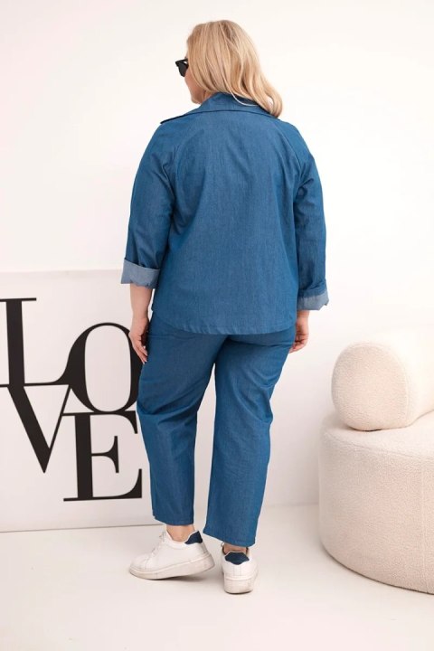 Komplet damski Plus Size bawełniany z marynarką i spodniami ciemno jeansowy