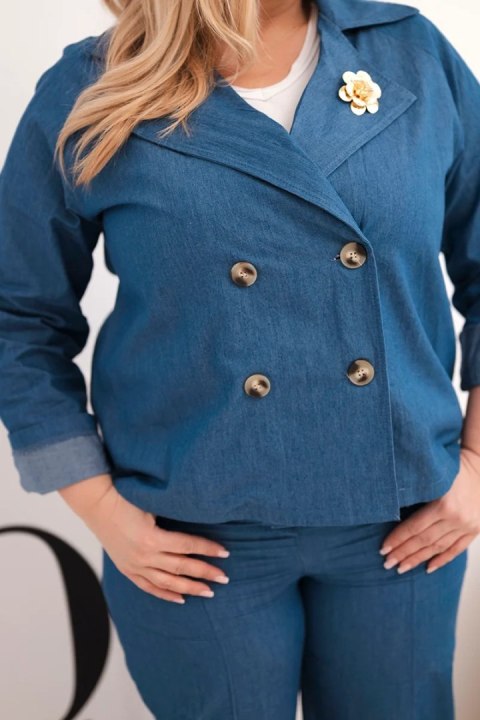 Komplet damski Plus Size bawełniany z marynarką i spodniami ciemno jeansowy