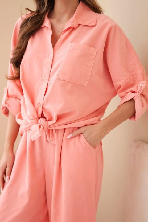 Komplet damski bawełniany z wiązaną koszulą i szeroką nogawką morelowy