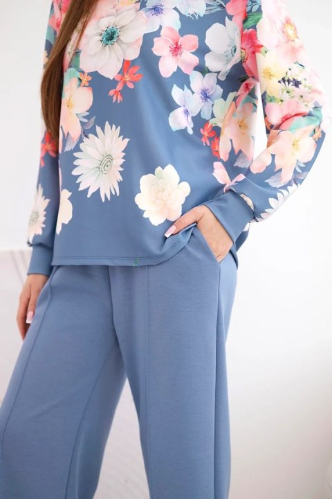 Komplet damski masełkowy wiskozowy w kwiaty z szeroką nogawką jeansowy