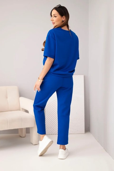 Komplet damski wiskozowy masełko z krótkim rękawem i spodniami z podwijaną nogawką chabrowy