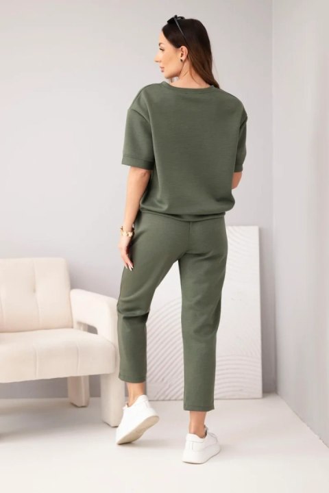 Komplet damski wiskozowy masełko z krótkim rękawem i spodniami z podwijaną nogawką khaki
