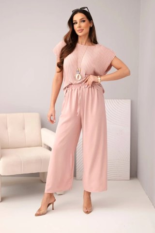 Komplet z wiskozy bluzka plisowana + spodnie ciemny pudrowy róż