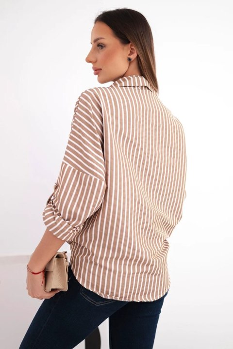 Koszula damska bawełniana w paski z wiązaniem camelowa