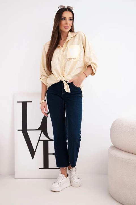 Koszula damska bawełniana w paski z wiązaniem żółta