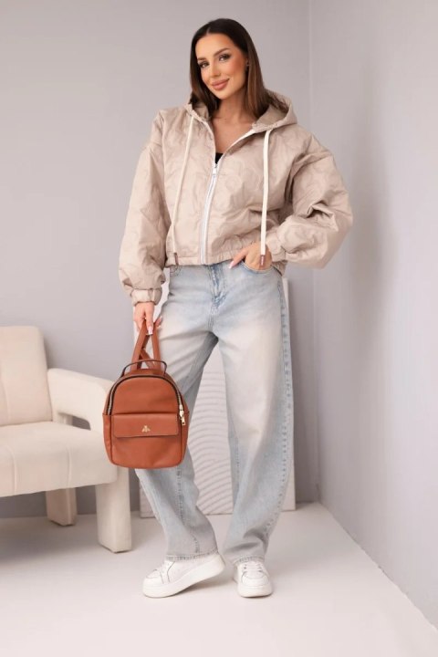 Kurtka damska pikowana z kapturem i ozdobnym tłoczeniem kwiatowym ciemno beżowa