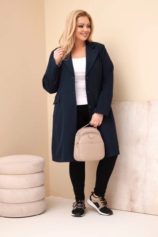 Płaszcz damski Plus Size długi z kołnierzem i kieszeniami granatowy