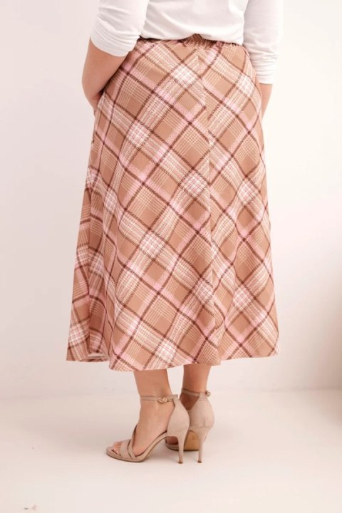 Spódnica damska Plus Size w kratę z szerokim dołem camelowa