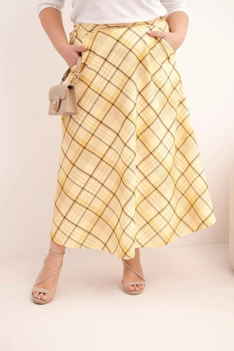 Spódnica damska Plus Size w kratę z szerokim dołem żółta