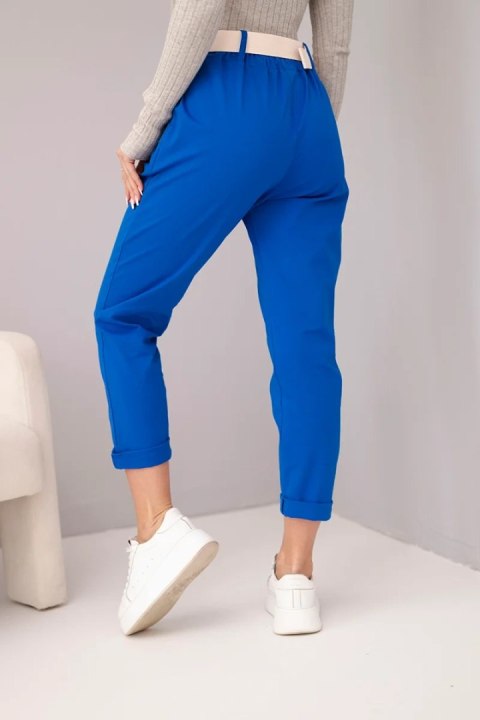 Spodnie damskie bawełniane z paskiem i podwijaną nogawką chabrowe