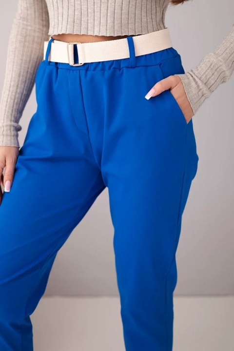 Spodnie damskie bawełniane z paskiem i podwijaną nogawką chabrowe