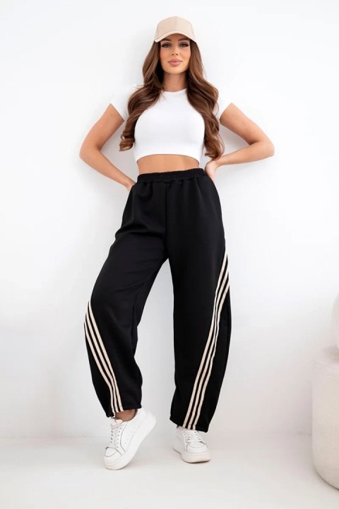 Spodnie damskie masełkowe z wiskozy z lampasem czarny + beżowy