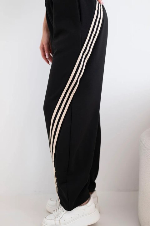 Spodnie damskie masełkowe z wiskozy z lampasem czarny + beżowy