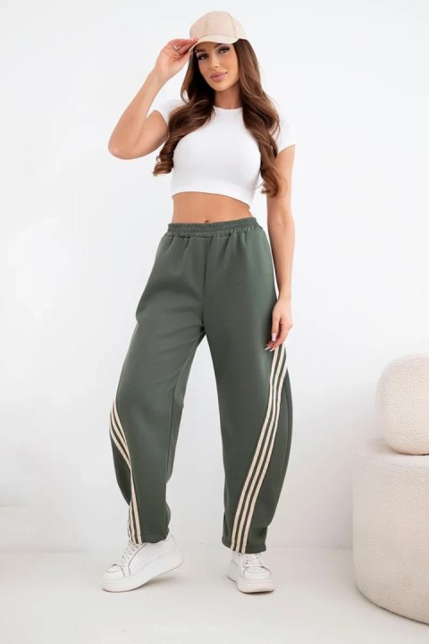 Spodnie damskie masełkowe z wiskozy z lampasem khaki