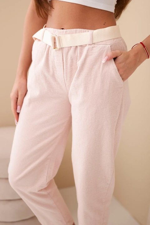 Spodnie damskie sztruksowe z paskiem ciemno pudrowy róż