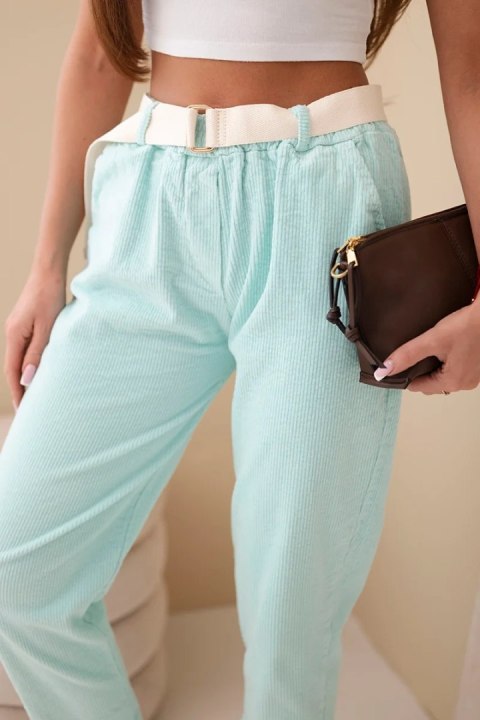 Spodnie damskie sztruksowe z paskiem miętowe