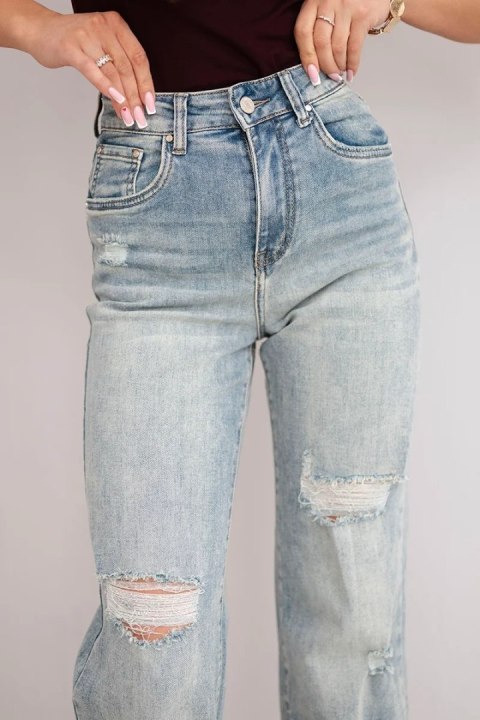 Spodnie damskie z szeroką nogawką i przetarciami jeansowe