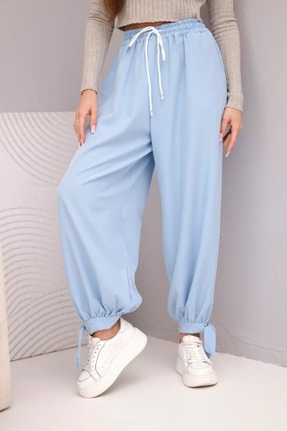 Spodnie damskie z szeroką nogawką i wiązaniem u dołu niebieskie