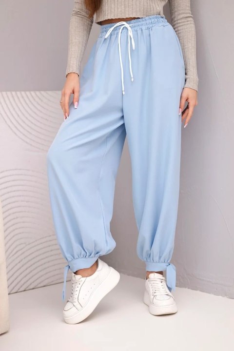 Spodnie damskie z szeroką nogawką i wiązaniem u dołu niebieskie