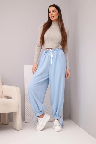 Spodnie damskie z szeroką nogawką i wiązaniem u dołu niebieskie