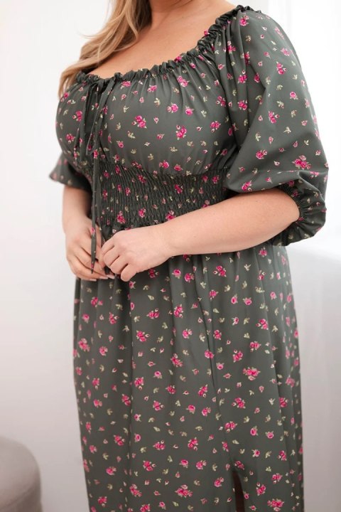 Sukienka damska Plus Size z dekoltem na troczki i elastyczną talią khaki