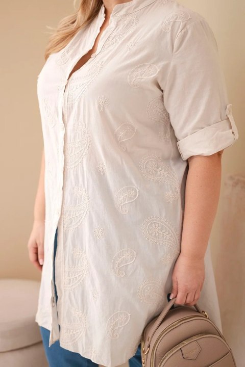 Sukienka damska Plus Size z haftem i podwijanym rękawem beżowa