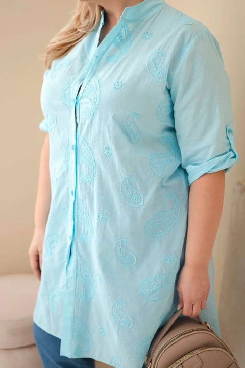 Sukienka damska Plus Size z haftem i podwijanym rękawem miętowa