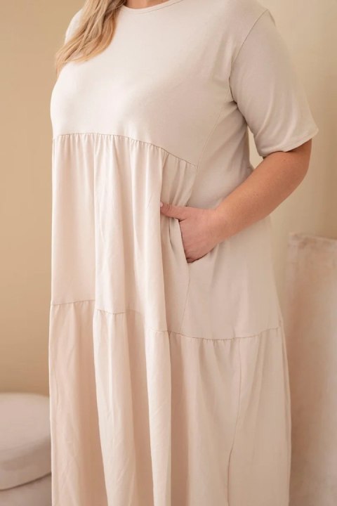 Sukienka damska bawełniana Plus Size z krótkim rękawem i falbaną beżowa