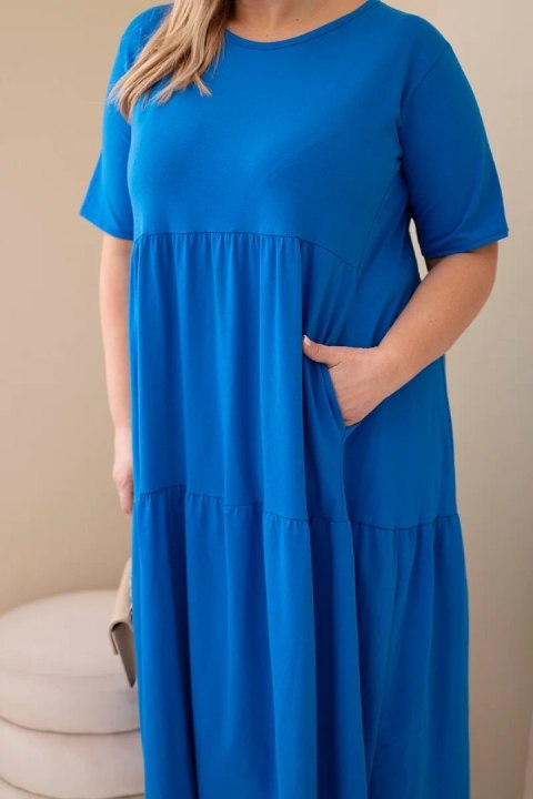 Sukienka damska bawełniana Plus Size z krótkim rękawem i falbaną chabrowa