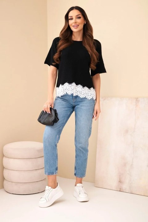 Sweter damski z krótkim rękawem i koronką czarny