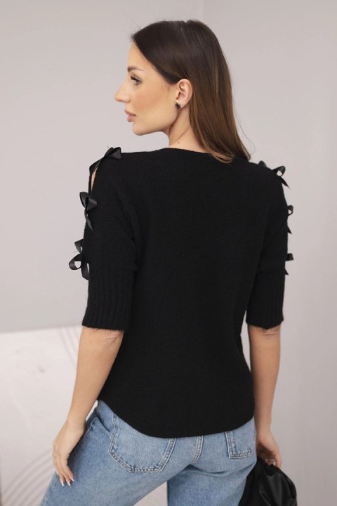 Sweter damski z krótkim rękawem i ozdobnymi kokardkami czarny