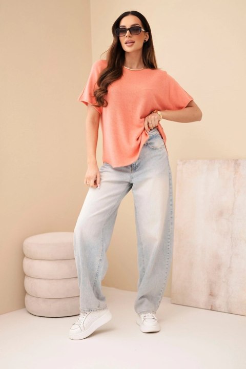 Sweter damski z krótkim rękawem o luźnym kroju morelowy